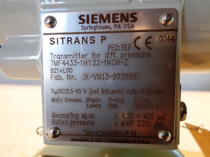 SIEMENS SITRANS P DIFFERENTIAL PRESSURE TRANSMITTER 7MF4433-1HY22-1NC6-Z