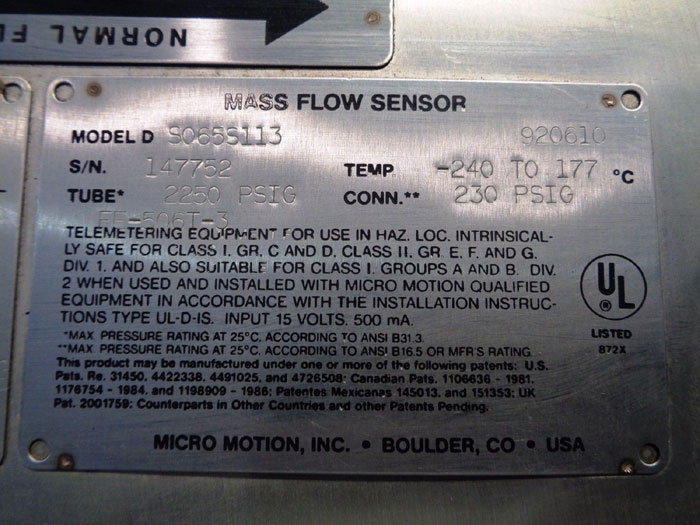 MICRO MOTION 1/2" 150# MASS FLOW SENSOR DS065S113