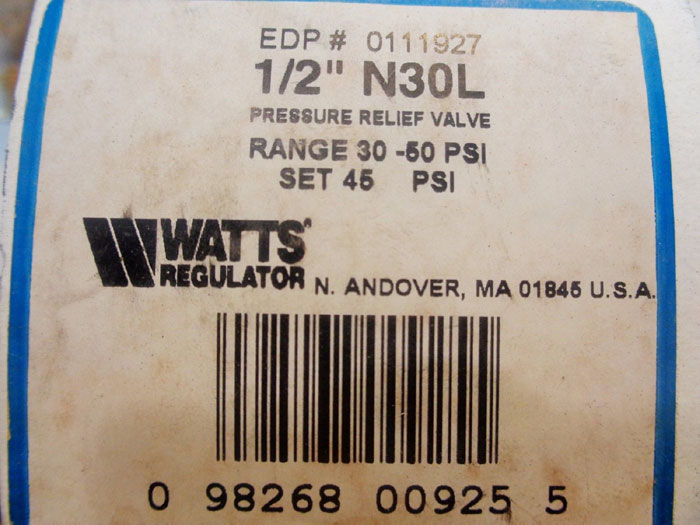 WATTS 1/2" BRASS PRESSURE RELIEF VALVE N30L, #0111927