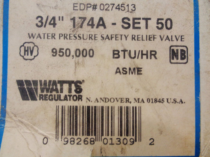 WATTS 3/4" WATER PRESSURE SAFETY RELIEF VALVE 174A, #0274513