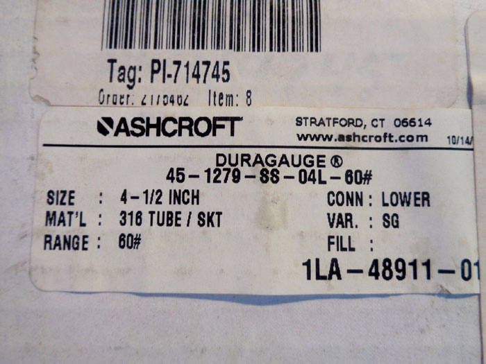 ASHCROFT DURAGAUGE 4-1/2", MODEL#: 45-1279-SS-04L-60# W/ DIAPHRAGM TYPE 200