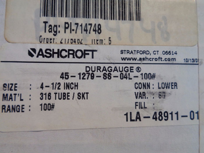 ASHCROFT DURAGAUGE 4-1/2", MODEL#: 45-1279-SS-04L-100# W/ DIAPHRAGM 200 -OR- 202