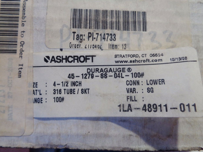 ASHCROFT DURAGAUGE 4-1/2" MODEL#: 45-1279-SS-04L-100# OR 160# OR 200#