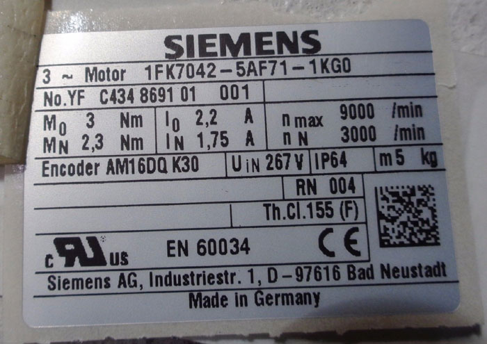 SIEMENS SIMOTICS S SYNCHRONOUS SERVO GEARMOTOR 1FK7042-5AF71-1KG0