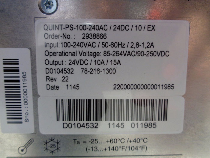 PHOENIX CONTACT QUINT POWER SUPPLY, QUINT-PS-100-240AC/24DC/10/EX
