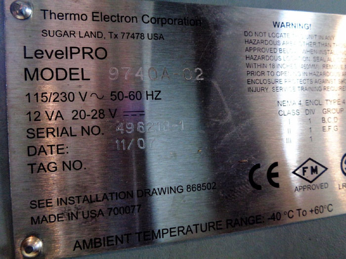 THERMO ELECTRON CORP. LEVELPRO CONTINUOUS GAMMA LEVEL SYSTEM, MODEL#: 9740A-02