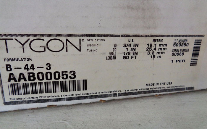SAINT-GOBAIN TYGON 50 FT CLEAR TUBING #AAB00053, SIZE: 3/4" X 1" X 1/8", B-44-3