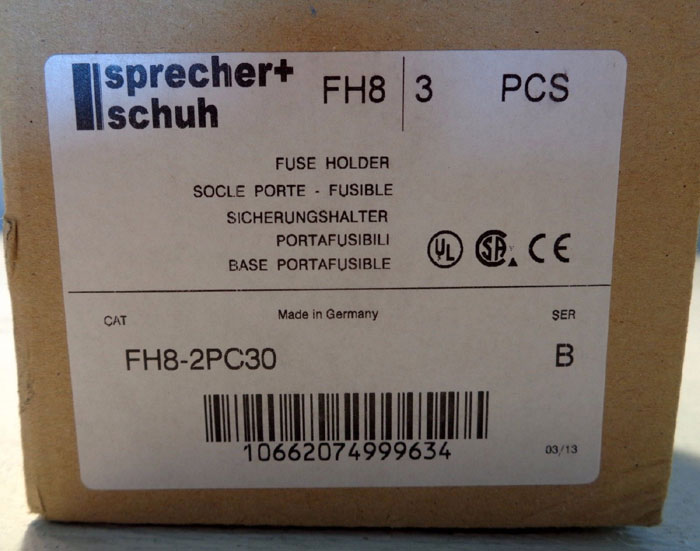 LOT OF (9) SPRECHER SCHUH 2-POLE, 30A, 600V FUSE HOLDER #FH8-2PC30