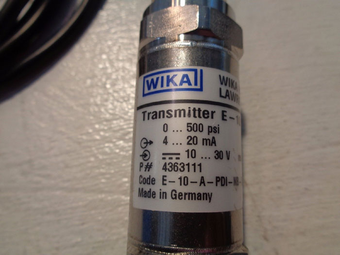 WIKA E-10 PRESSURE TRANSMITTER 500 PSI, E-10-A-PDI-NB-ZG2X67-ZZ, PN#: 4363111