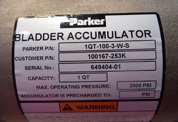 PARKER HYDRO-PNEUMATIC BLADDER ACCUMULATOR, PART#: 1QT-100-3-W-S