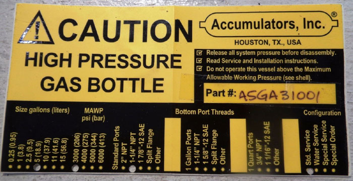 ACCUMULATORS INC. 5-GALLON, 3,000 PSI HIGH PRESSURE GAS BOTTLE #A5GA31001