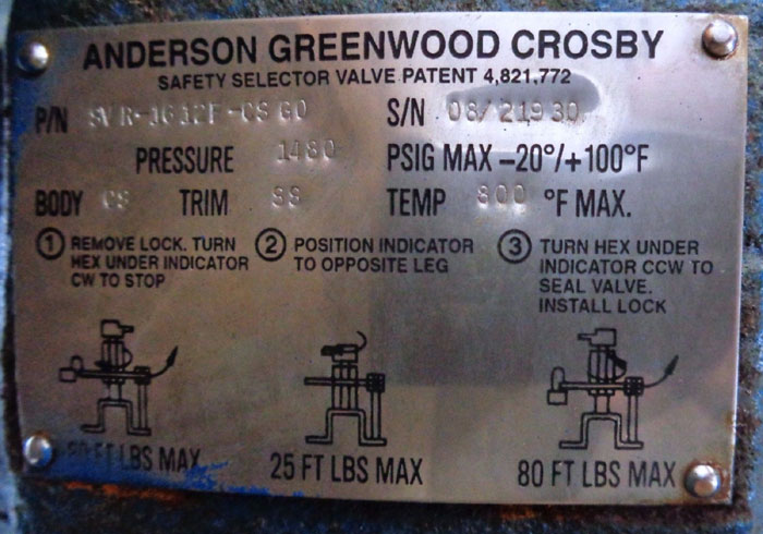 ANDERSON GREENWOOD CROSBY 4" 600# SAFETY SELECTOR VALVE, PART#: SVR-1612F-CSG0