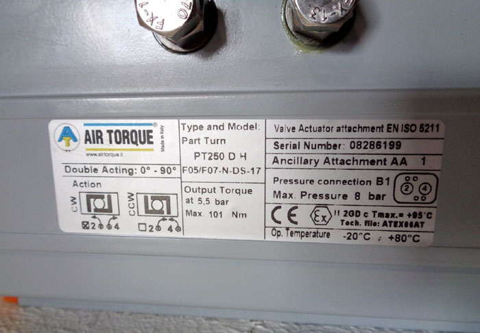 AIRTORQUE DOUBLE ACTING PART TURN ACTUATOR, MODEL#: PT250 D H F05/F07-N-DS-17