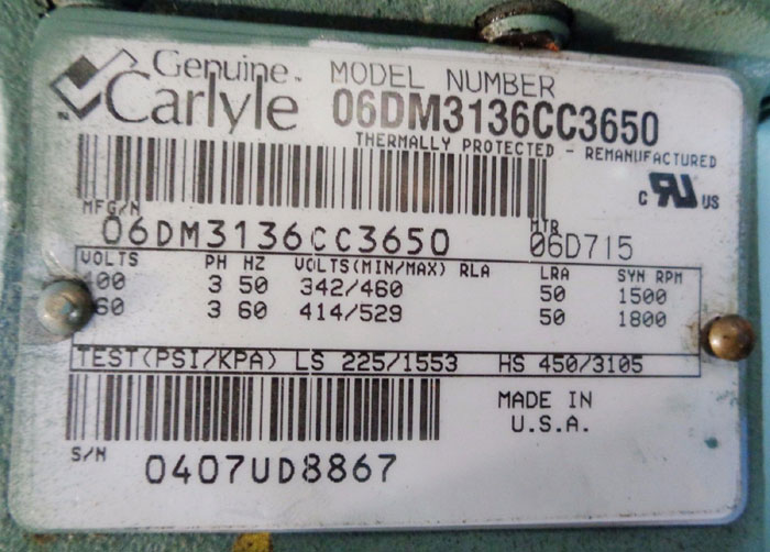 CARLYLE SEMI HERMETIC COMPRESSOR 06DM3136CC3650