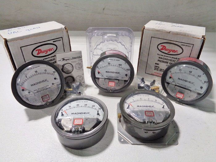 DWYER MAGNEHELIC PRESSURE GAGES 2005C, 2050, 2020C, 2150 & 2080C - LOT OF (5)