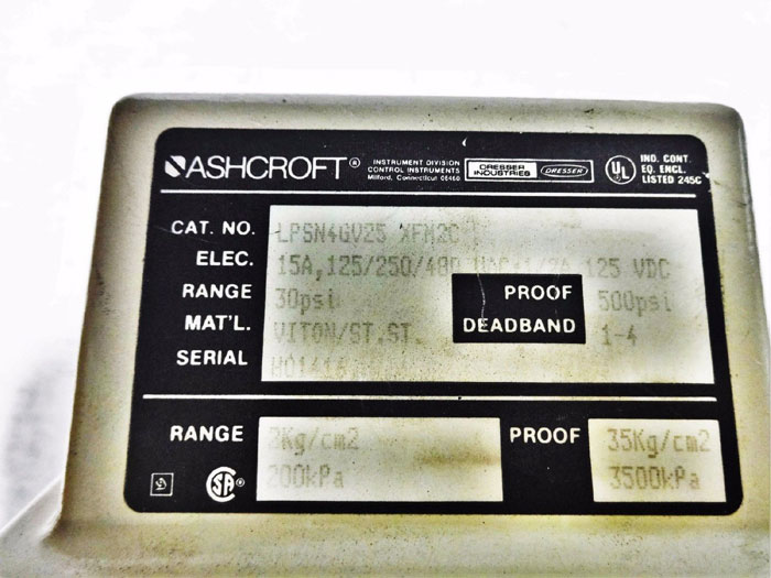 ASHCROFT SNAP ACTION DIFFERENTIAL PRESSURE SWITCH LPSN4GV25 XFM2C