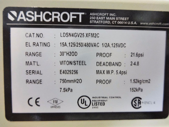 ASHCROFT SNAP ACTION DIFFERENTIAL PRESSURE SWITCH LDSN4GV25 XFM2C