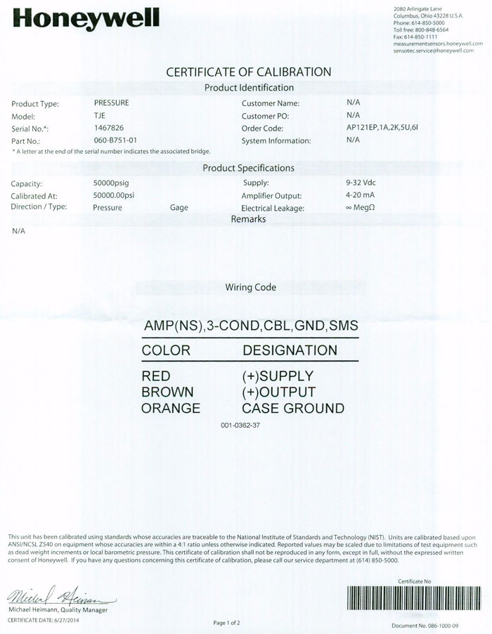 HONEYWELL TJE SENSOTEC TRANSDUCER 060-B751-01