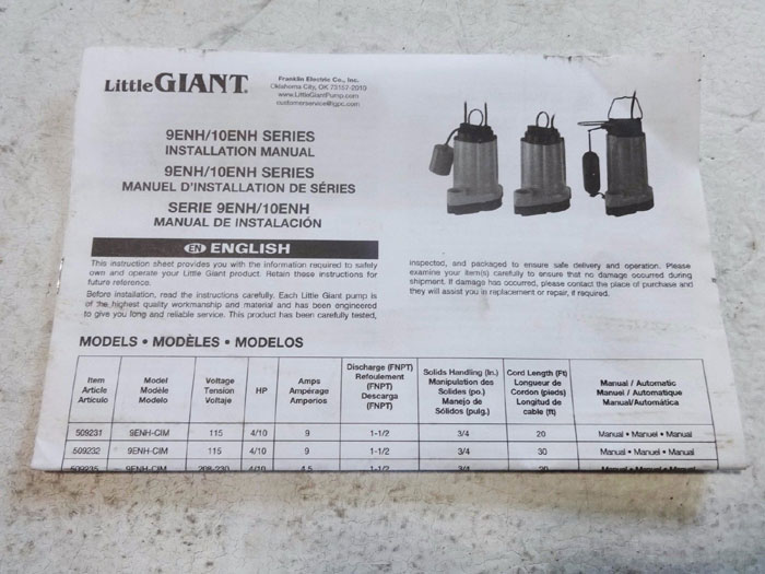 LITTLE GIANT EFFLUENT SUMP PUMP 9ENH-CIM PART# 509231