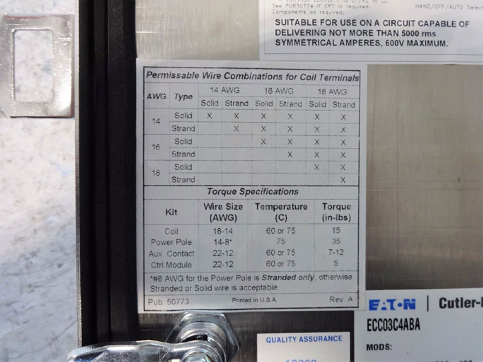 EATON CUTLER-HAMMER ENCLOSURE ECC03C4ABA W/ LIGHTING CONTACTOR C30CNE