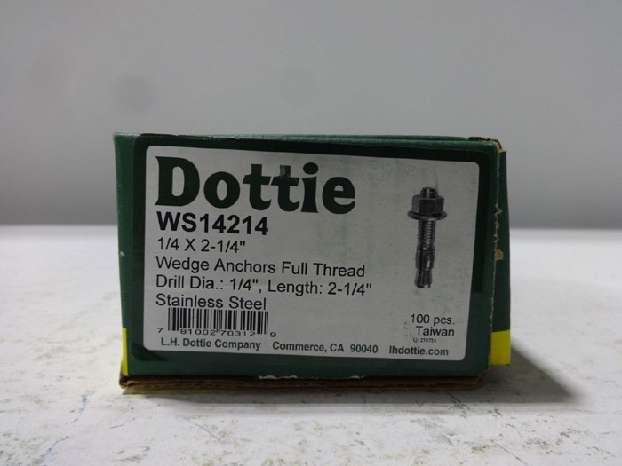 100-PC BOX OF DOTTIE 1/4" x 2-1/4" STAINLESS WEDGE ANCHORS, FULL THREAD WS14214