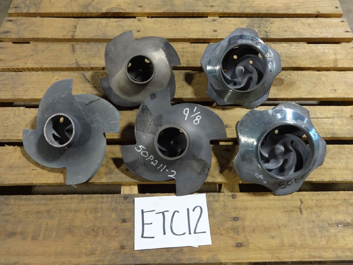 LOT OF (5) DURCO IMPELLERS 4 & 5 VANE, 9-1/8", 8-1/8" & 8" - 53314 & 33560