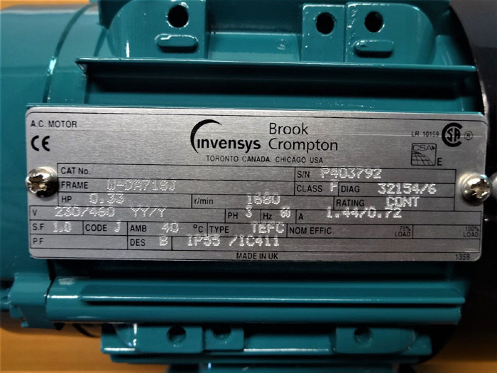 INVENSYS BROOK CROMPTON 0.33 HP AC MOTOR