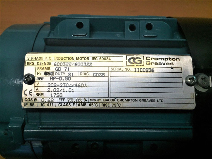 BROOK CROMPTON GREAVES 0.50 HP 3-PHASE AC INDUCTION MOTOR