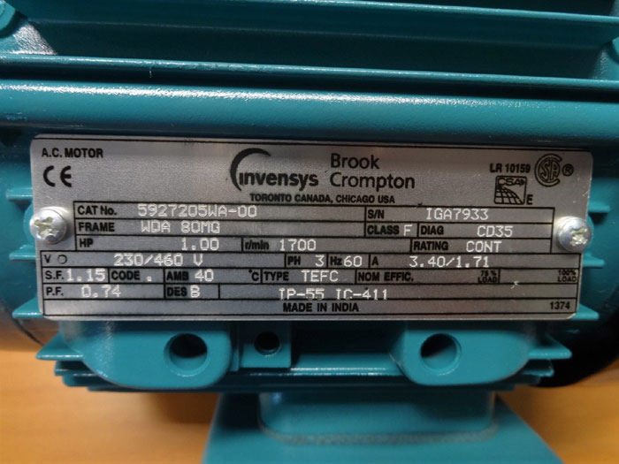 INVENSYS BROOK CROMPTON 1 HP AC MOTOR 5927205WA-00