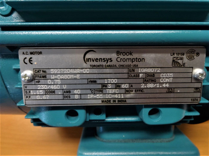 INVENSYS BROOK CROMPTON 0.75 HP AC MOTOR 5927204WA-00