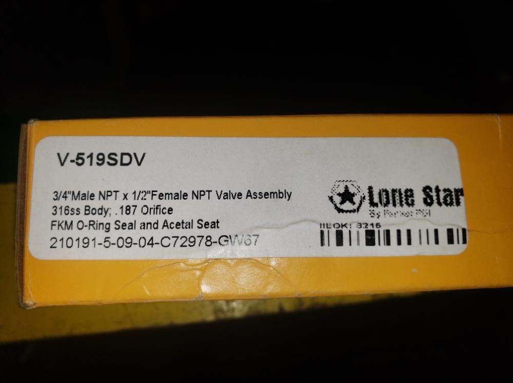Parker PGI Lone Star 3/4" x 1/2" Needle Valve, 316SS, 6000 PSI, #V-519SDV
