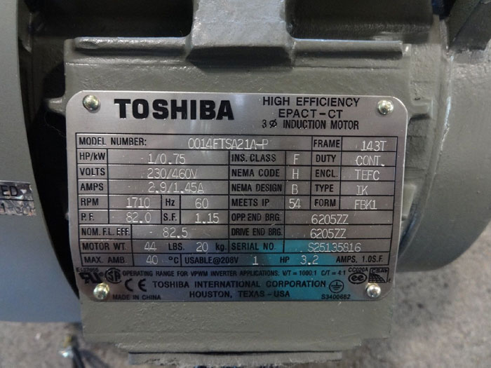 TOSHIBA 1.0 HP HIGH EFFICIENCY EPACT-CT 3-PHASE INDUCTION MOTOR 0014FTSA21A-P