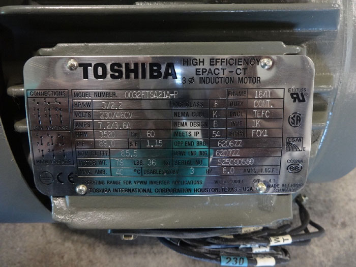 TOSHIBA 3 HP HIGH EFFICIENCY EPACT-CT 3-PHASE INDUCTION MOTOR 0032FTSA21A-P