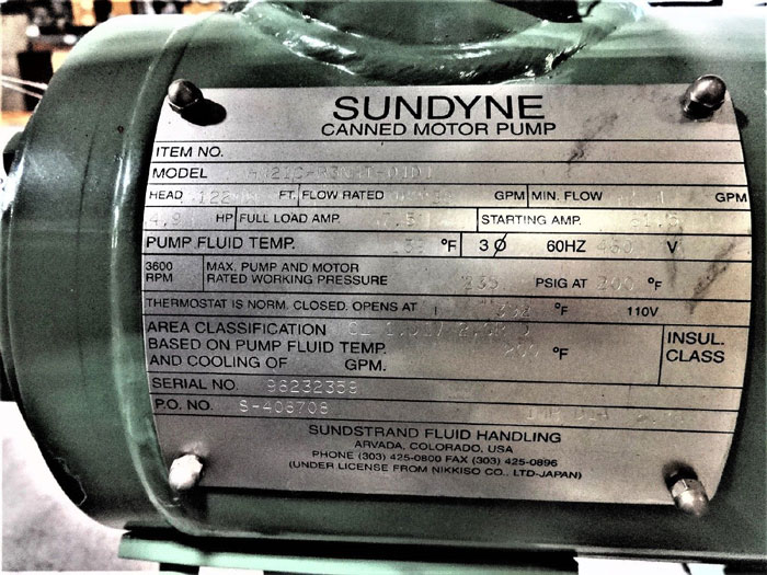 NIKKISO SUNSTRAND SUNDYNE CANNED MOTOR PUMP HN21C-R3NHT-01D1