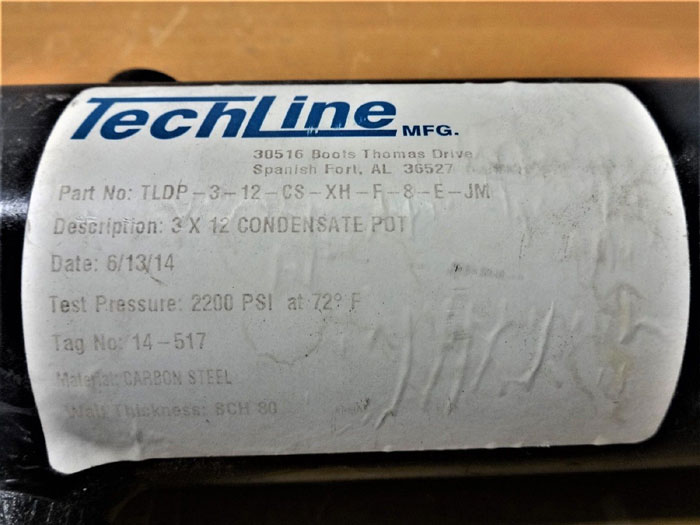 TECHLINE 3" x 12" CARBON STEEL CONDENSATE POT, SCH 80, TLDP-3-12-CS-XH-F-8-E-JM