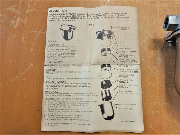 MSA MINE SAFETY APPLIANCES CO. AIRLINE FILTER 81857