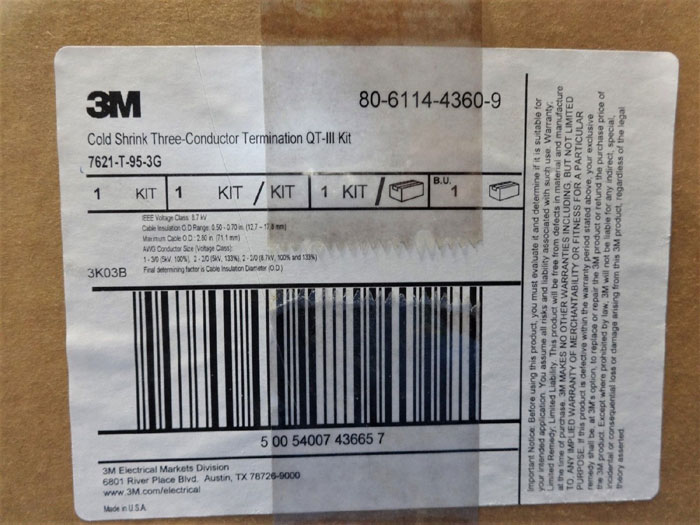 3M COLD SHRINK QT-III 3-CONDUCTOR TERMINATION KIT 7621-T-95-3G