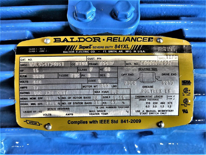 BALDOR RELIANCE 841XL SUPER-E SEVERE DUTY 15HP MOTOR 09L454Y94851