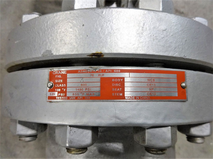 CRANE 3" 600# WCB GATE VALVE, FIG. 76 XUF