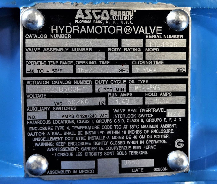 ASCO HYDROMOTOR VALVE H10A620B5C3F1