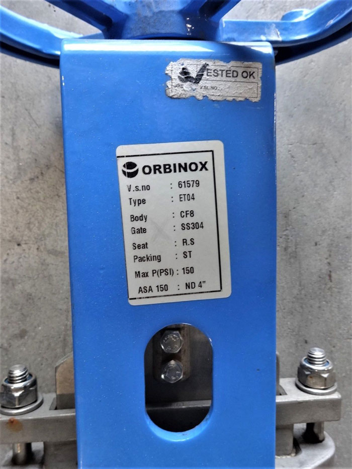 ORBINOX 4" 150# CF8 KNIFE GATE VALVE, TYPE ET04, #61579