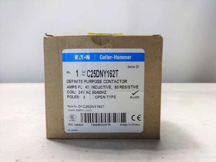 LOT OF (2) EATON CUTLER-HAMMER C25DNY162T DEFINITE PURPOSE CONTACTOR, 40A 3-POLE