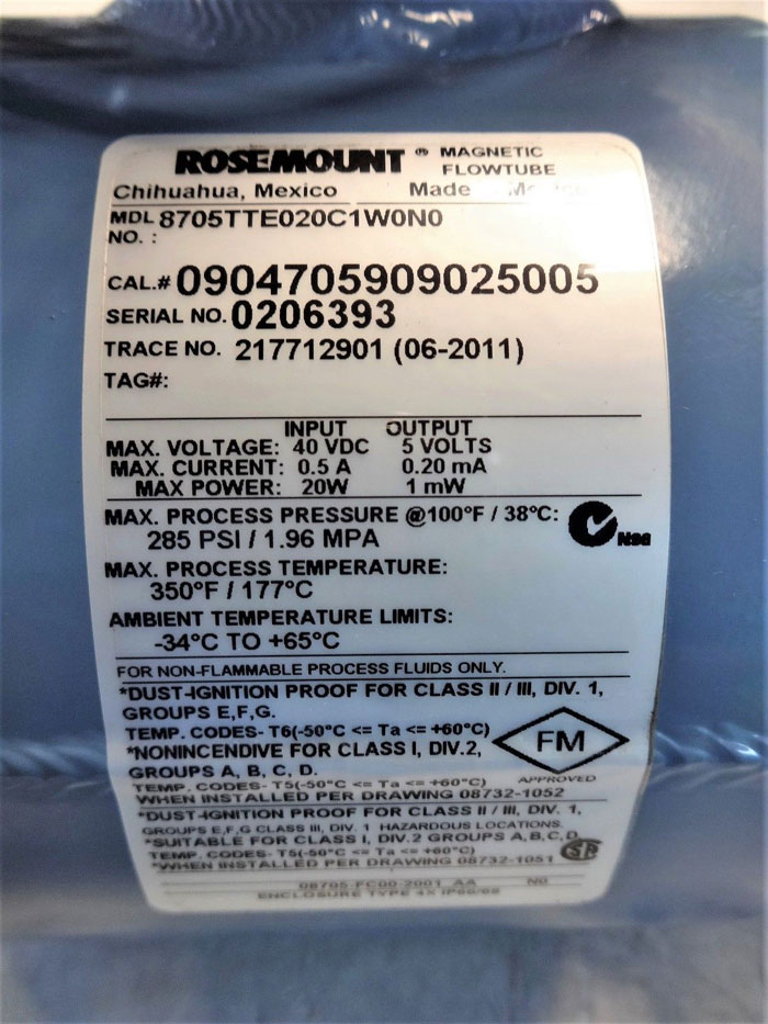 ROSEMOUNT 8705 MAGNETIC FLOWTUBE 2" 150# FLANGE, 8705TTE020C1W0N0