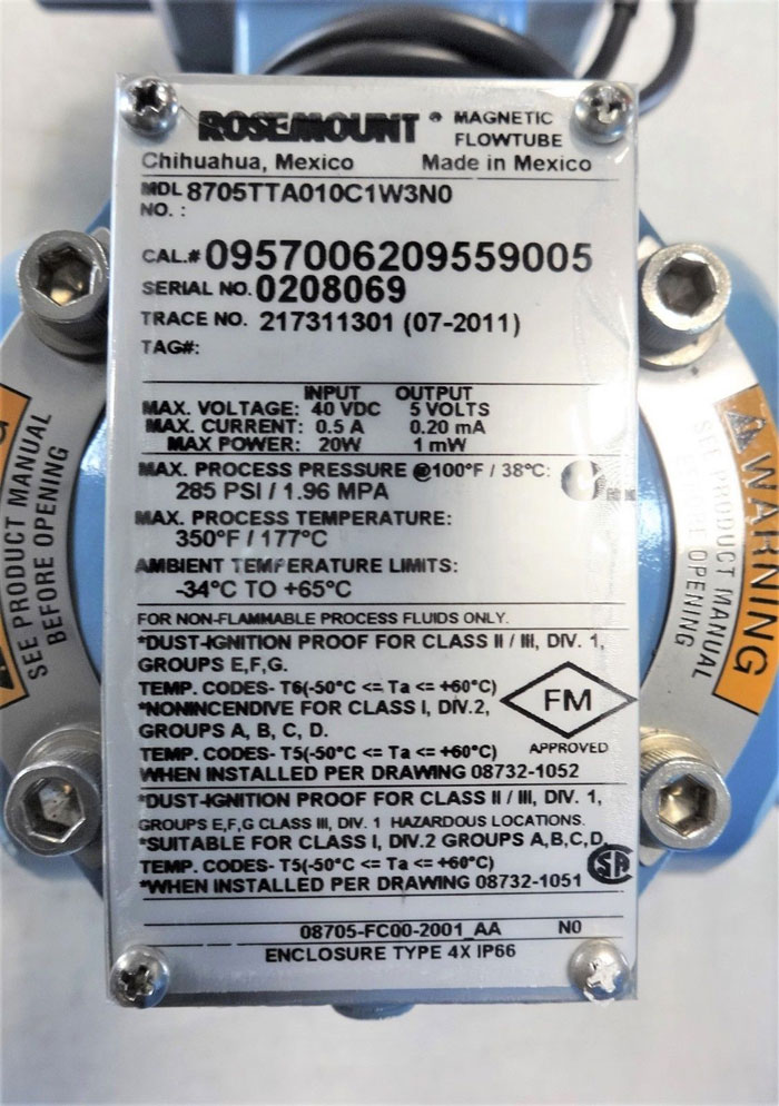 ROSEMOUNT 8705 MAGNETIC FLOWTUBE 1" 150# FLANGE, 8705TTA010C1W3N0