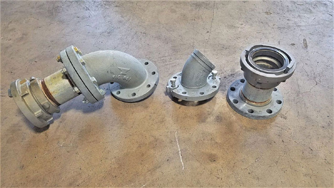 LOT OF (3) ASSEMBLED 4" FIRE HOSE FLANGED ADAPTERS - GRINNELL, STORZ & ANVIL