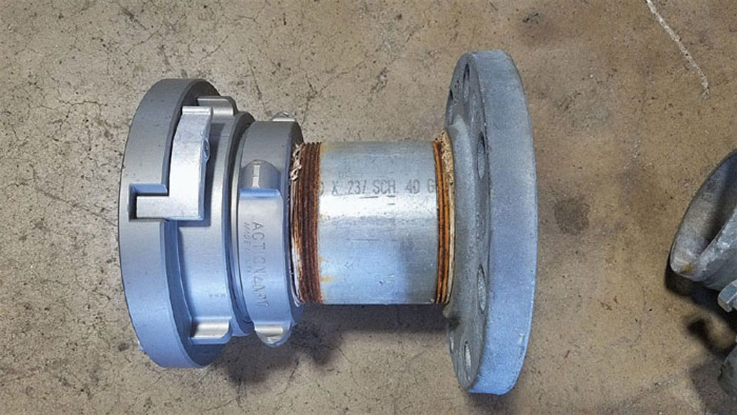 LOT OF (3) ASSEMBLED 4" FIRE HOSE FLANGED ADAPTERS - GRINNELL, STORZ & ANVIL
