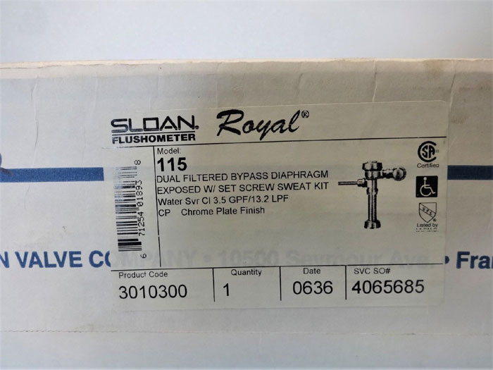 Sloan Royal Flushometer Model 115 Dual Filter Bypass Diaphragm Exposed, 3010300