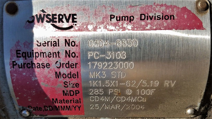 Flowserve Durco Mark 3 Centrifugal Pump, MK3 STD, 1K1.5X1-62/5.19RV, CD4M/CD4MCu