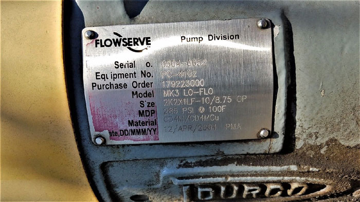 Flowserve Durco Mark 3 Centrifugal Pump, MK3 Lo-Flo, 2K2X1LF-10/8.75 OP, CD4M