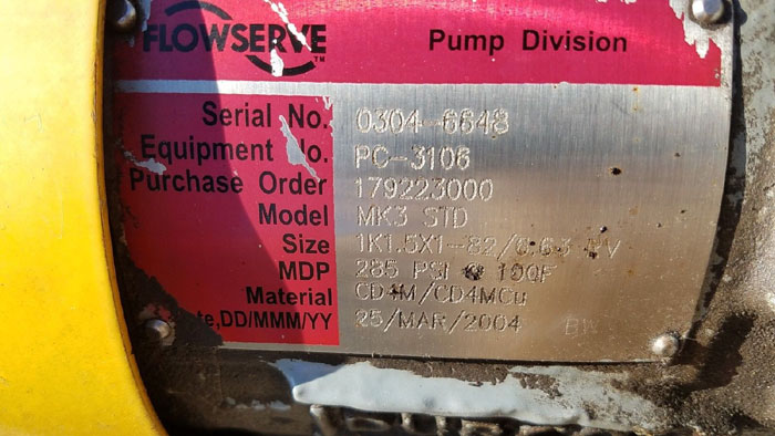 Flowserve Durco Mark 3 Centrifugal Pump, MK3 STD, Size 1K1.5X1-82/6.63RV, CD4M